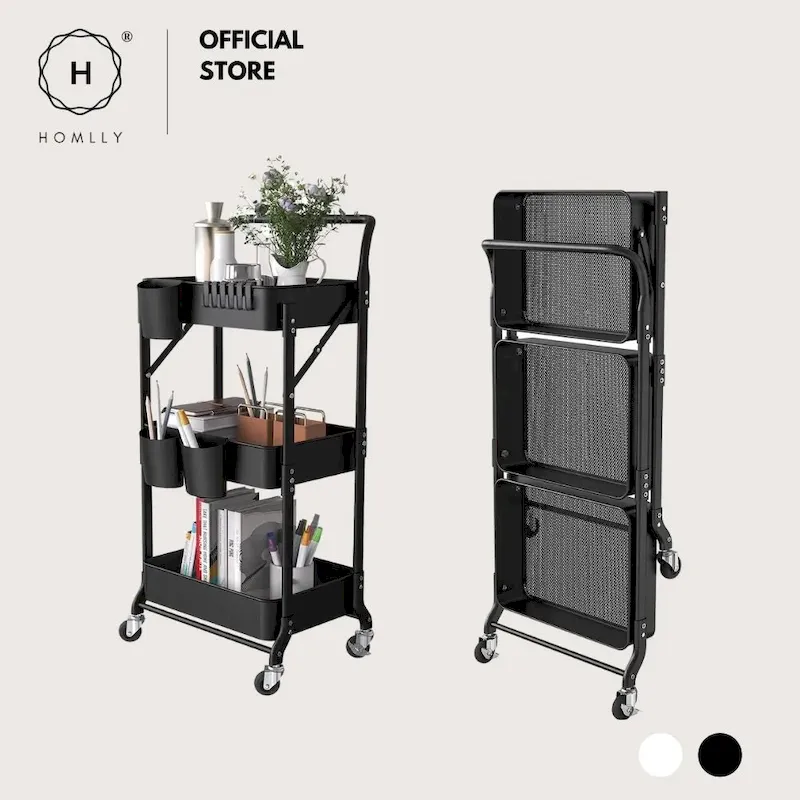 black bean Homlly 3 Tier Foldable Metal Rolling Cart with Handle and Wheels - Tableware