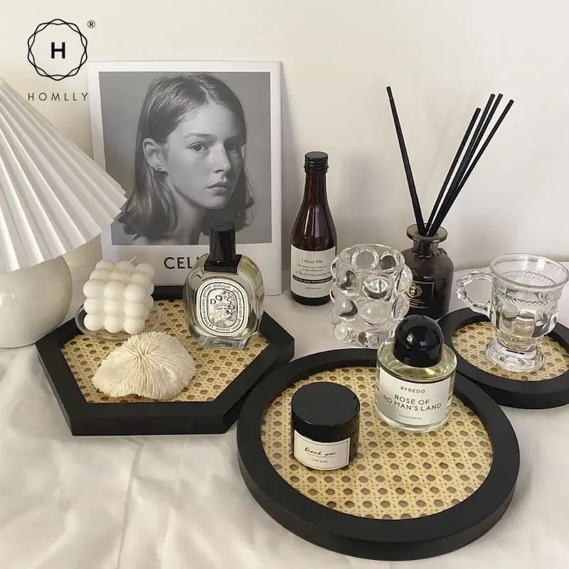 smoothness Homlly Nordic Decorative PE Rattan Wooden Serving Tray 2025 - Tableware